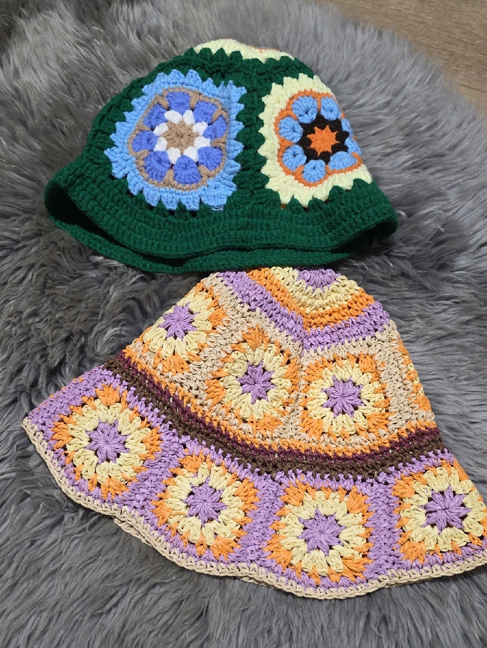 2 Crochet Bucket Hats - Green & Pastel Set 00031